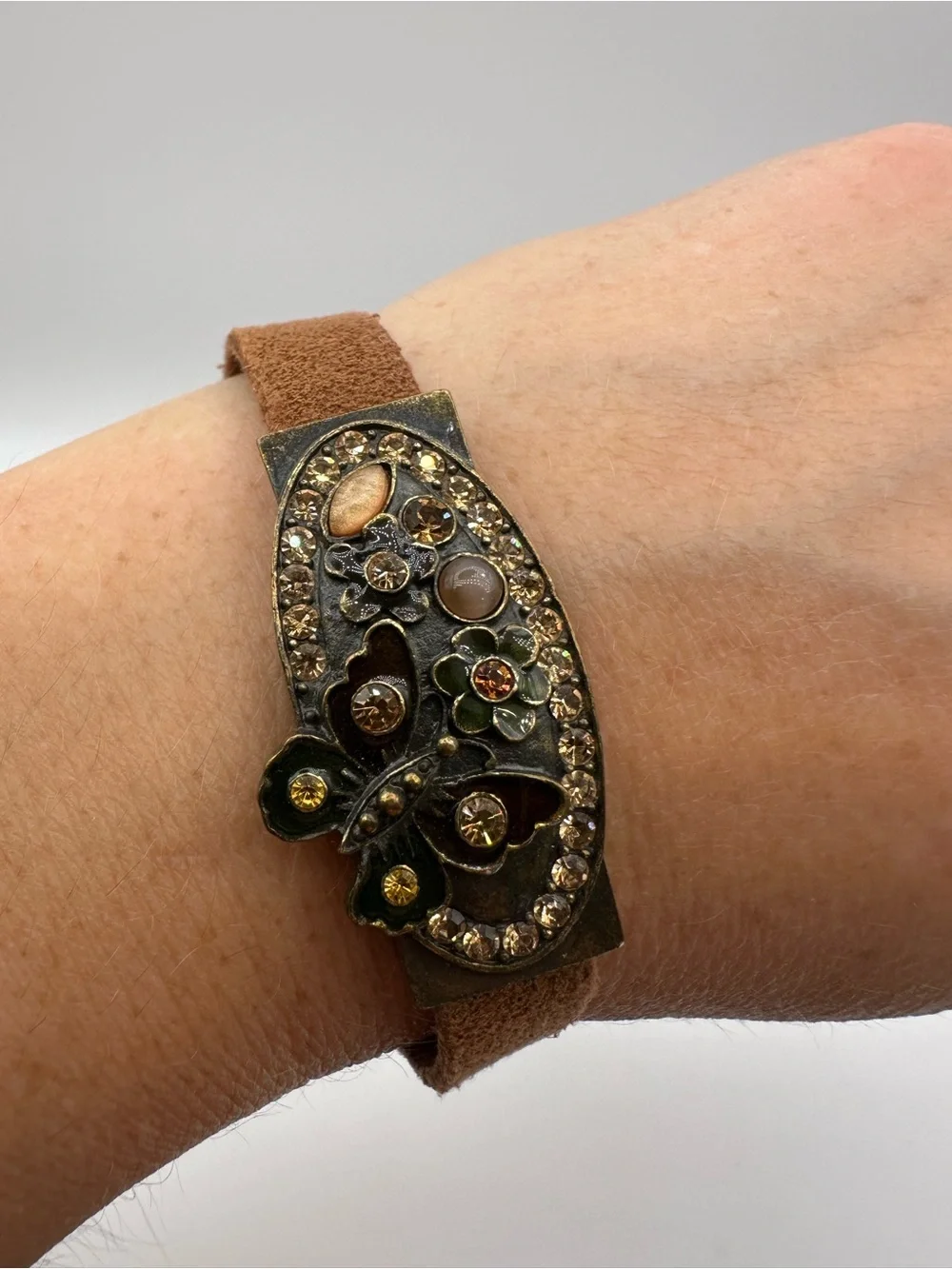 Lia Sophia Brown Suede Cuff Bracelet Butterfly Floral Rhinestone Statement